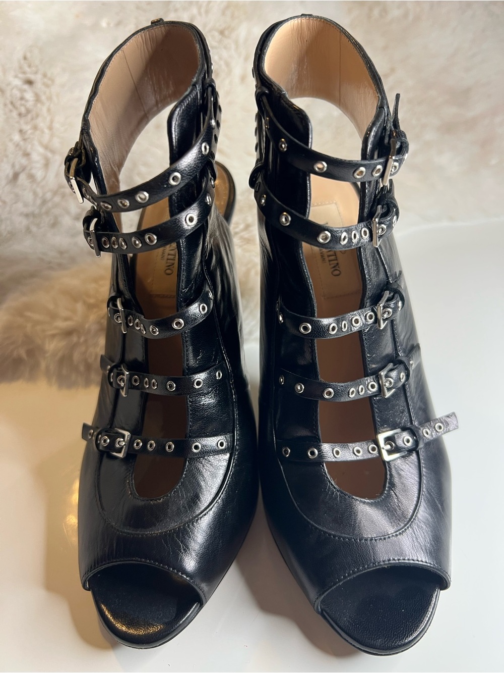 Valentino Black Multi-Strap Peep-Toe Heels